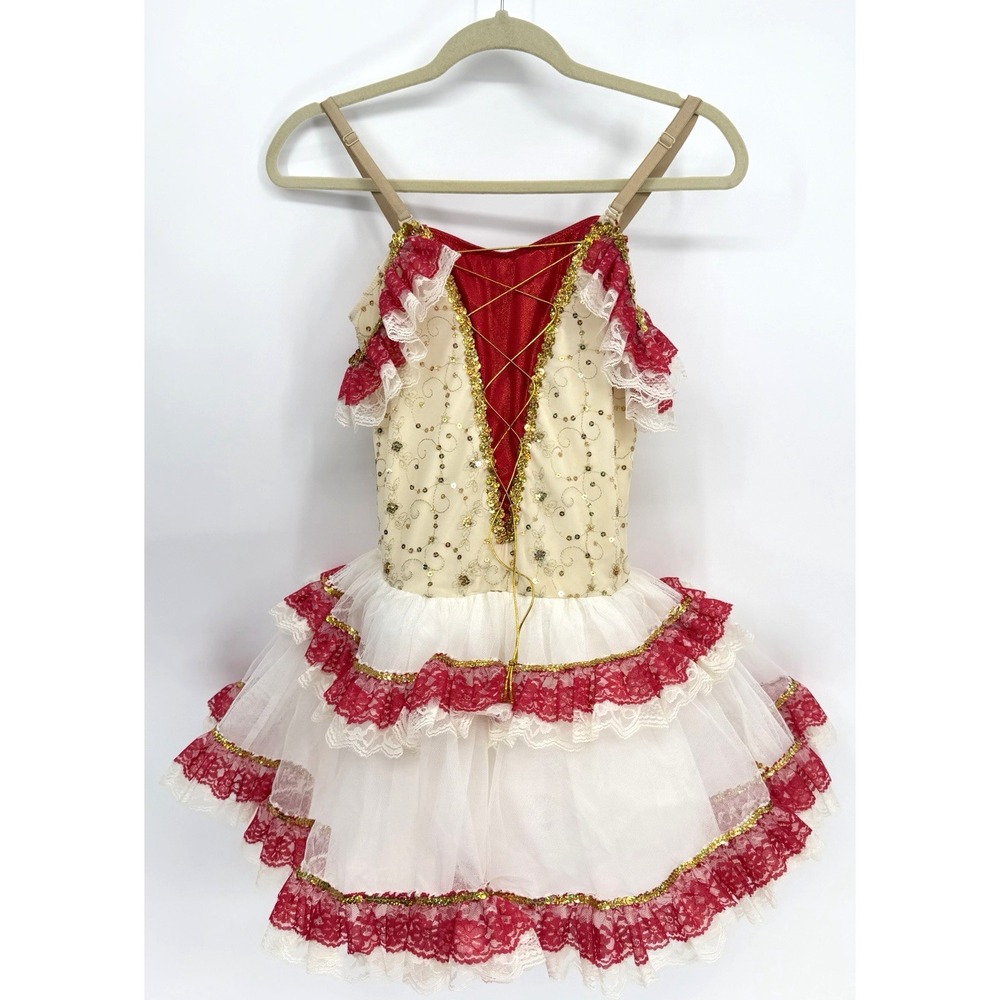 Dance Revolution Dance Costume Dress Ivory/Red Tulle Sequins Lace Size L Adult